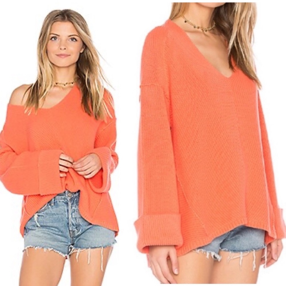 Free People La Brea V Neck Sweater L Coral‎ *flaw* Thick Oversized Orange